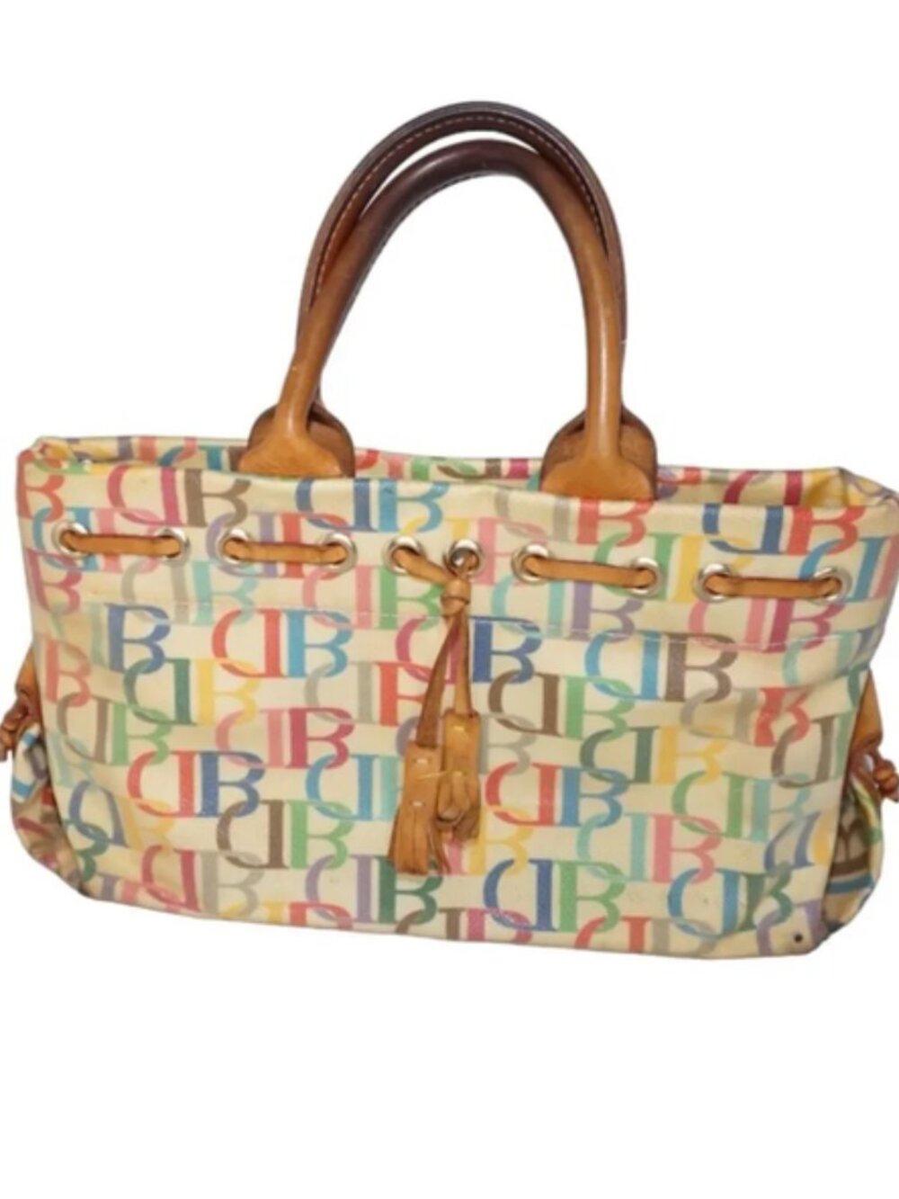 Dooney & Bourke Vintage Multicolor Logo Canvas Tote with Tan Leather Handles
